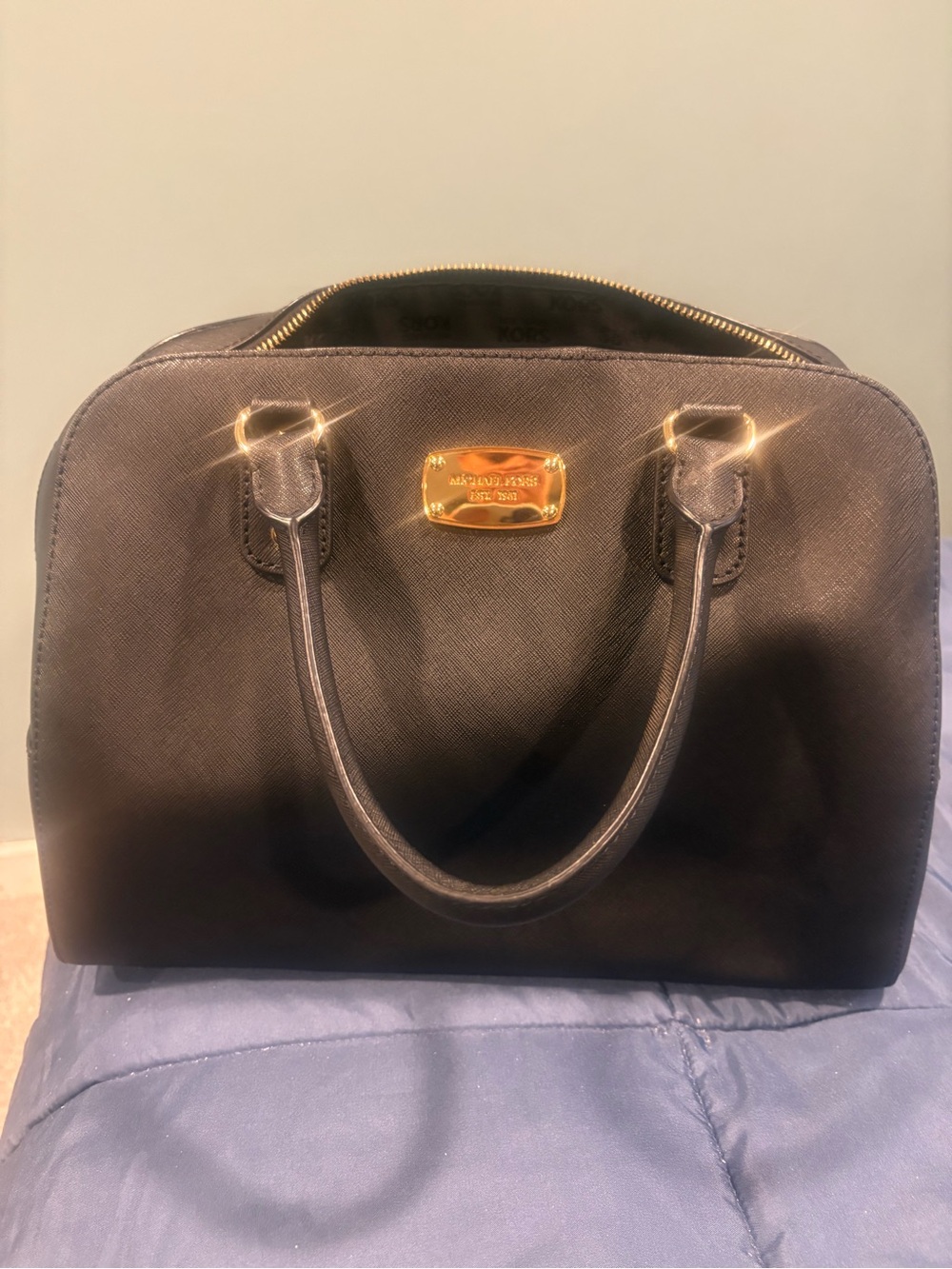 Michael Kors Black Saffiano Dome Satchel with Gold Hardware